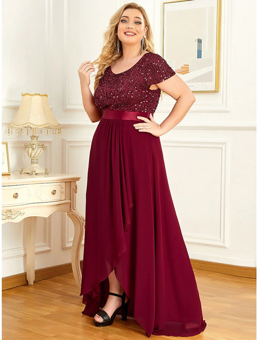 A-Line Plus Size Elegant Jewel Neck Short Sleeve Asymmetrical Chiffon with Sequin Homecoming Dress