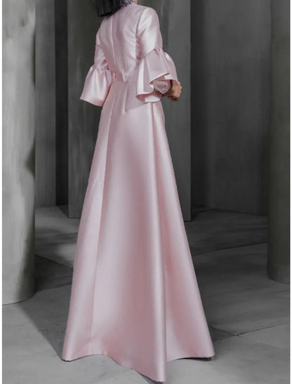 A-Line Prom Dresses Elegant Dress Wedding Guest Prom Floor Length Long Sleeve High Neck Satin with Sash / Ribbon Buttons Ruffles