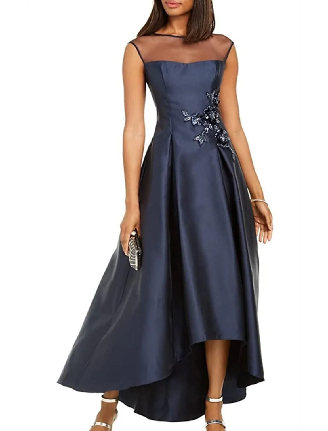 A-Line Wedding Guest Party Dress Elegant Dress Black Tie Asymmetrical Sleeveless Jewel Neck Fall Wedding Guest Satin with Pleats Appliques 2026