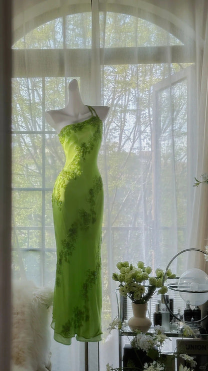 Fresh Green One Shoulder Chiffon Beaded Mermaid Evening Gown Prom Dresses