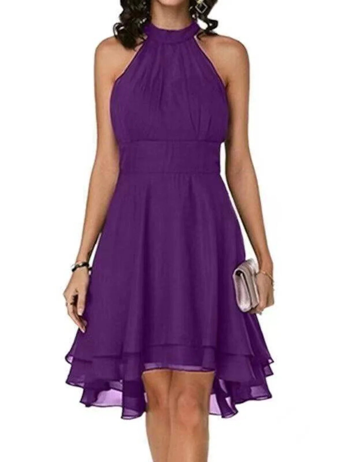 A-Line High Waisted Cocktail Party Dress Halter Neck V Back Engagement Semi-formal Dance Sleeveless Knee Length Chiffon with Sleek Tier
