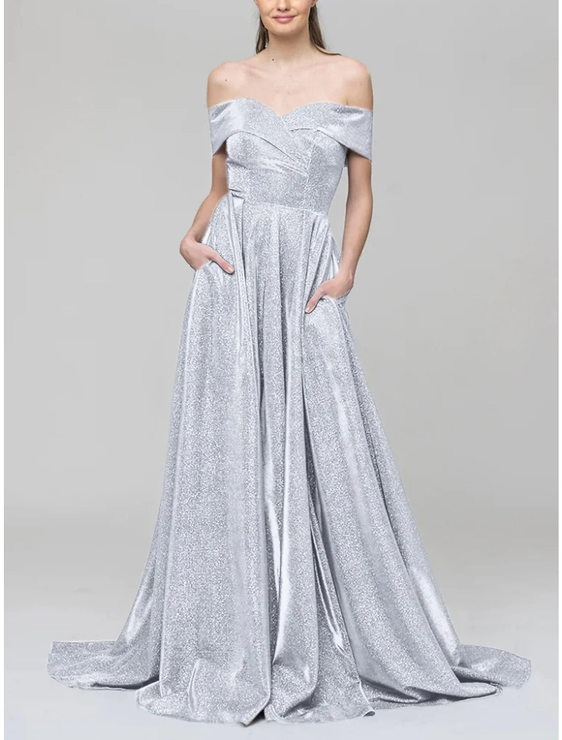 A-Line Evening Gown Sparkle & Shine Dress Formal Court Train Short Sleeve Off Shoulder Sequined with Glitter Pleats 2026