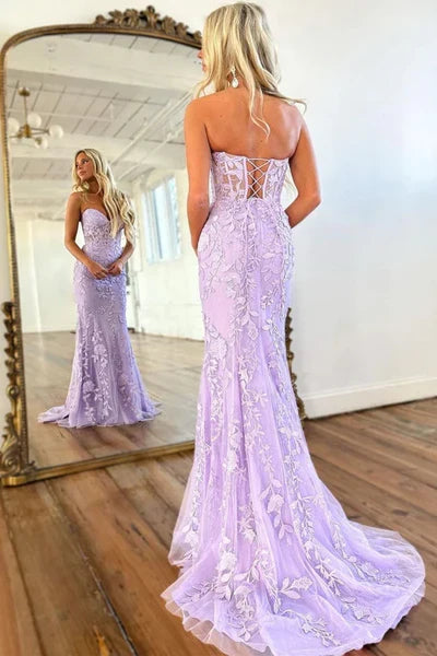 Mermaid Strapless Purple Lace Long Prom Dress, Purple Lace Formal Dress, Long Purple Evening Dress TP15