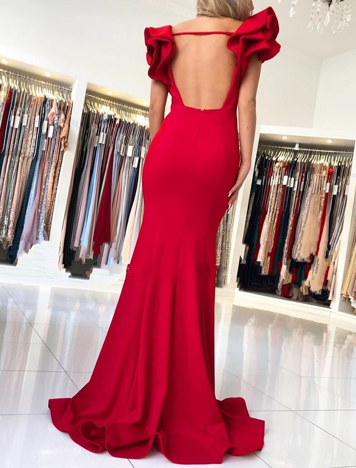 Mermaid / Trumpet Evening Gown Backless Dress Wedding Cocktail Party Sweep / Brush Train Sleeveless Square Neck Fabric with Ruffles