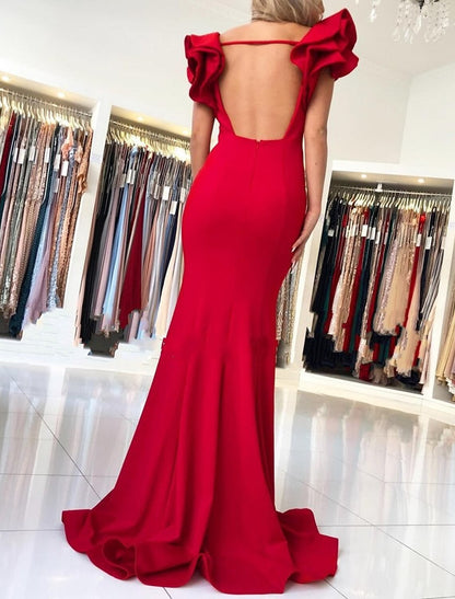 Mermaid / Trumpet Evening Gown Backless Dress Wedding Cocktail Party Sweep / Brush Train Sleeveless Square Neck Fabric with Ruffles