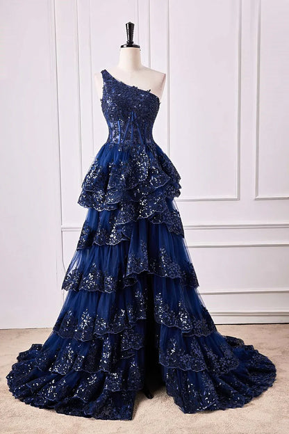 One Shoulder Appliques Ruffle Prom Dress Y6597