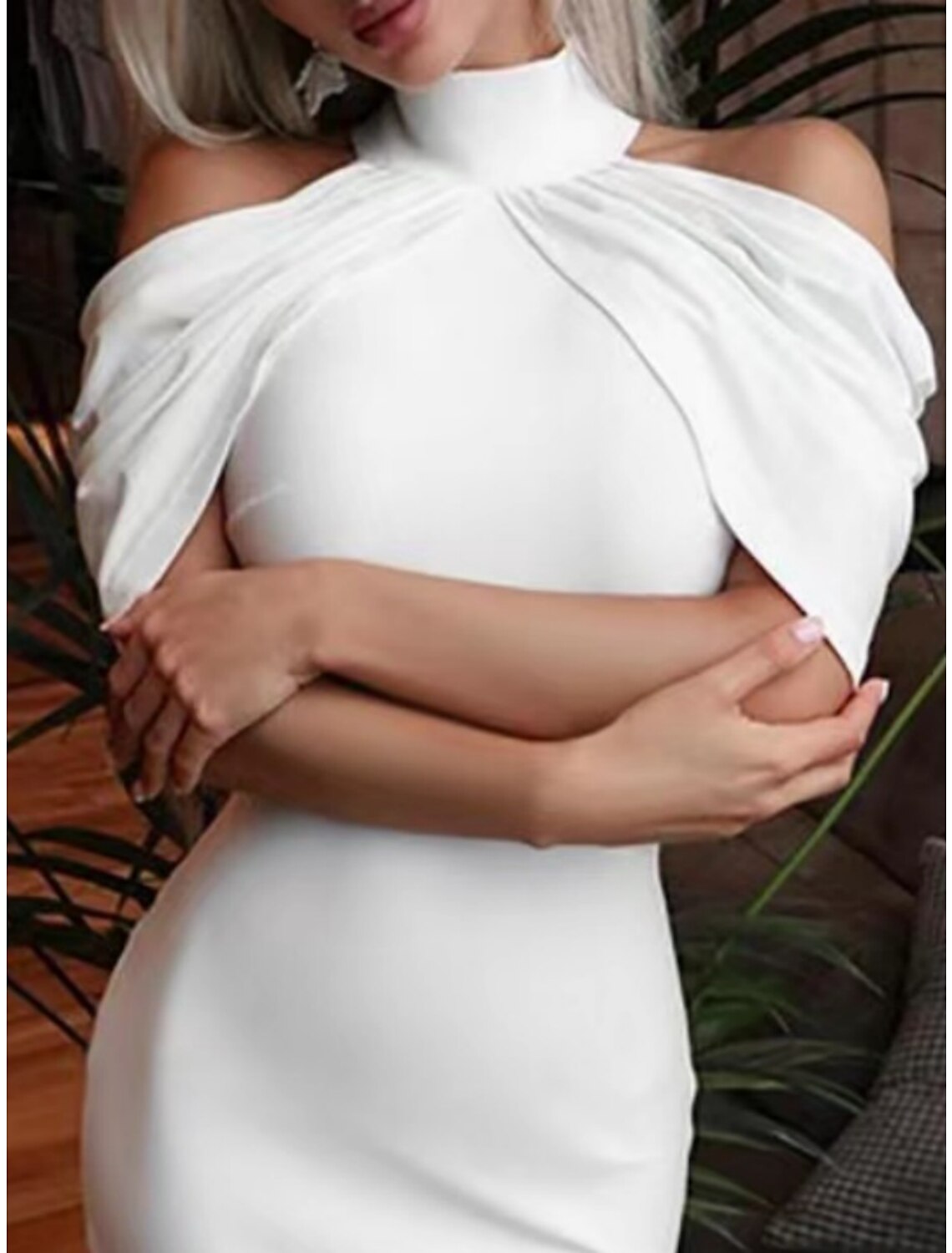 Women's Party Dress Homecoming Dress Sheath Dress Midi Dress White Short Sleeve Plain Ruched Summer Spring Fall Stand Collar Modern Wedding Guest