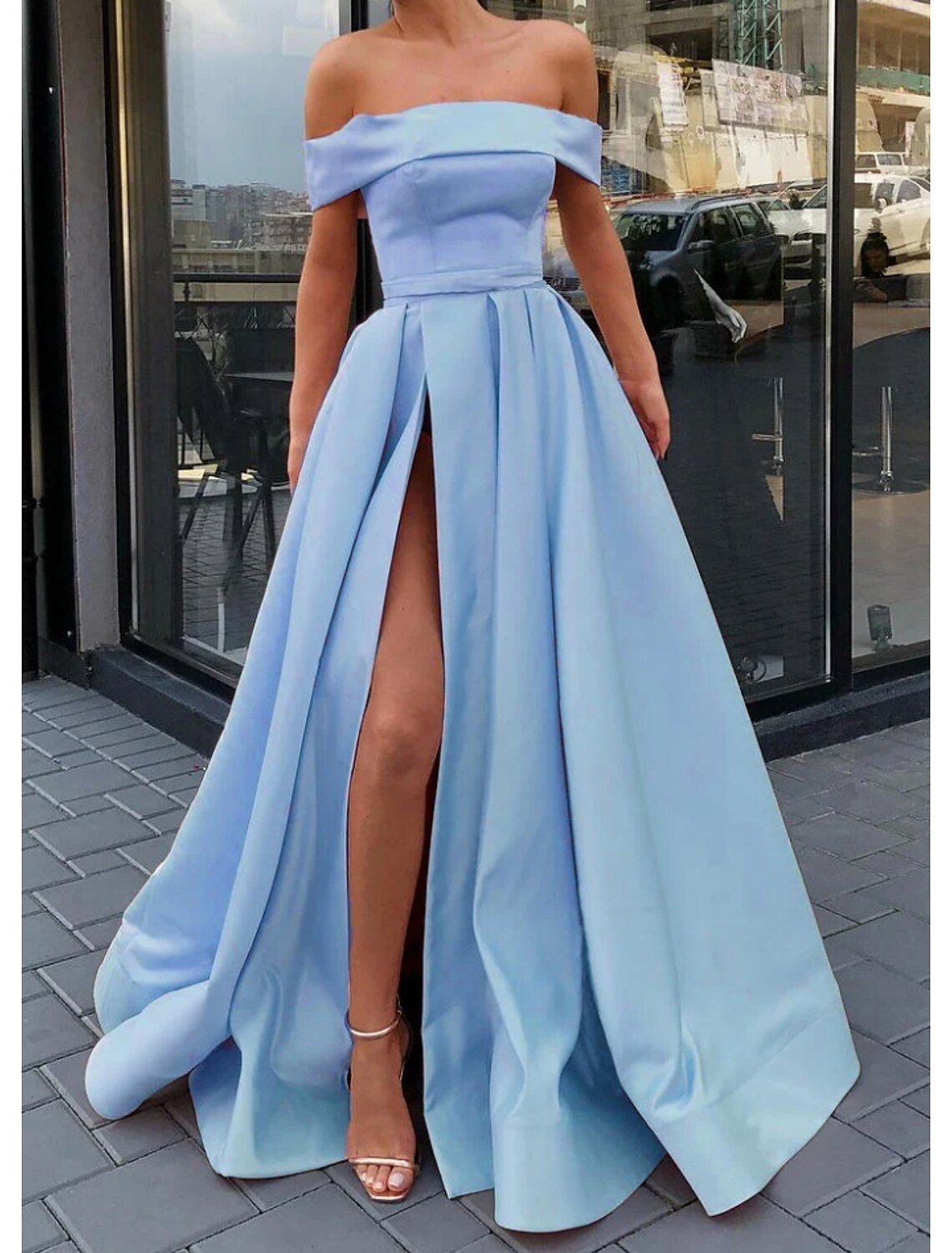 A-Line Prom Dresses Minimalist Dress Wedding Guest Engagement Floor Length Sleeveless Off Shoulder Satin with Slit