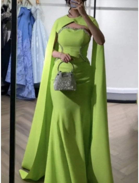 A-Line Evening Gown Elegant Dress Formal Sweep / Brush Train Christmas Red Green Dress Sleeveless Jewel Neck Fabric with Pleats Sequin
