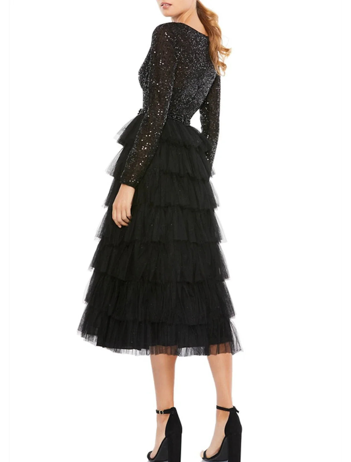 A-Line Cocktail Dresses Sparkle Black Dress Plus Size Party Wear Wedding Guest Tea Length Long Sleeve Jewel Neck Fall Wedding Guest Tulle with Sequin Tiered 2026