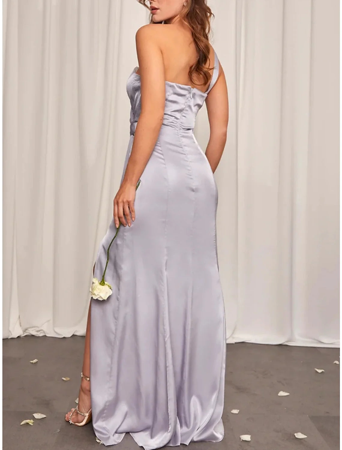 Sheath / Column Bridesmaid Dress One Shoulder Sleeveless Elegant Sweep / Brush Train Satin with Split Front / Ruching