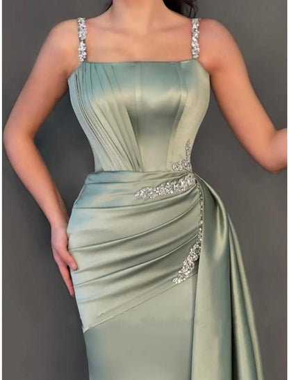 A-Line Evening Gown Elegant Dress Formal Sweep / Brush Train Christmas Red Green Dress Sleeveless Spaghetti Strap Satin with Pleats Ruched Crystals 2026