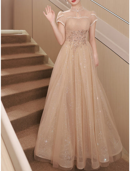 A-Line Evening Gown Sparkle & Shine Dress Engagement Prom Floor Length Short Sleeve Stand Collar Satin with Buttons Ruched Pearls