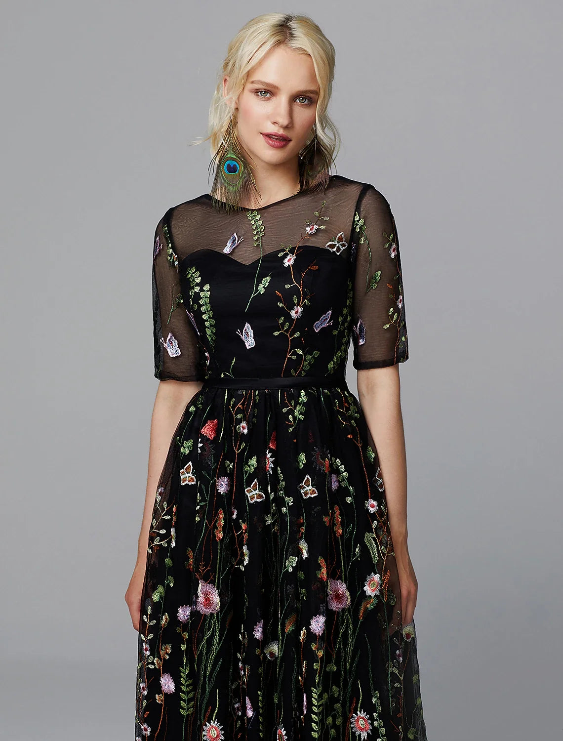 A-Line Floral Dress Wedding Guest Holiday Tea Length Half Sleeve Illusion Neck Lace with Embroidery Appliques