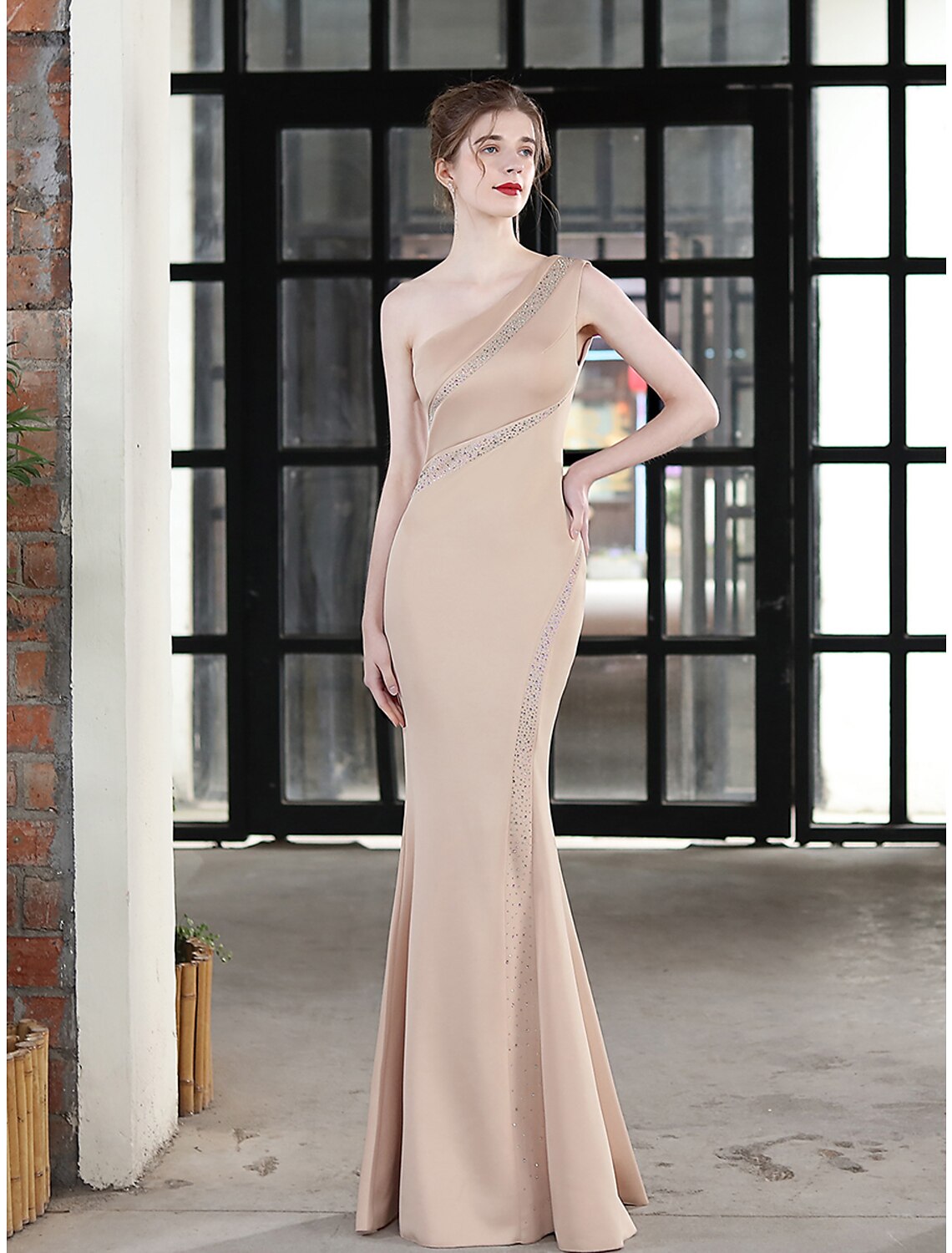 Mermaid / Trumpet Evening Gown Sexy Dress Wedding Guest Formal Evening Floor Length Sleeveless One Shoulder Satin with Crystals