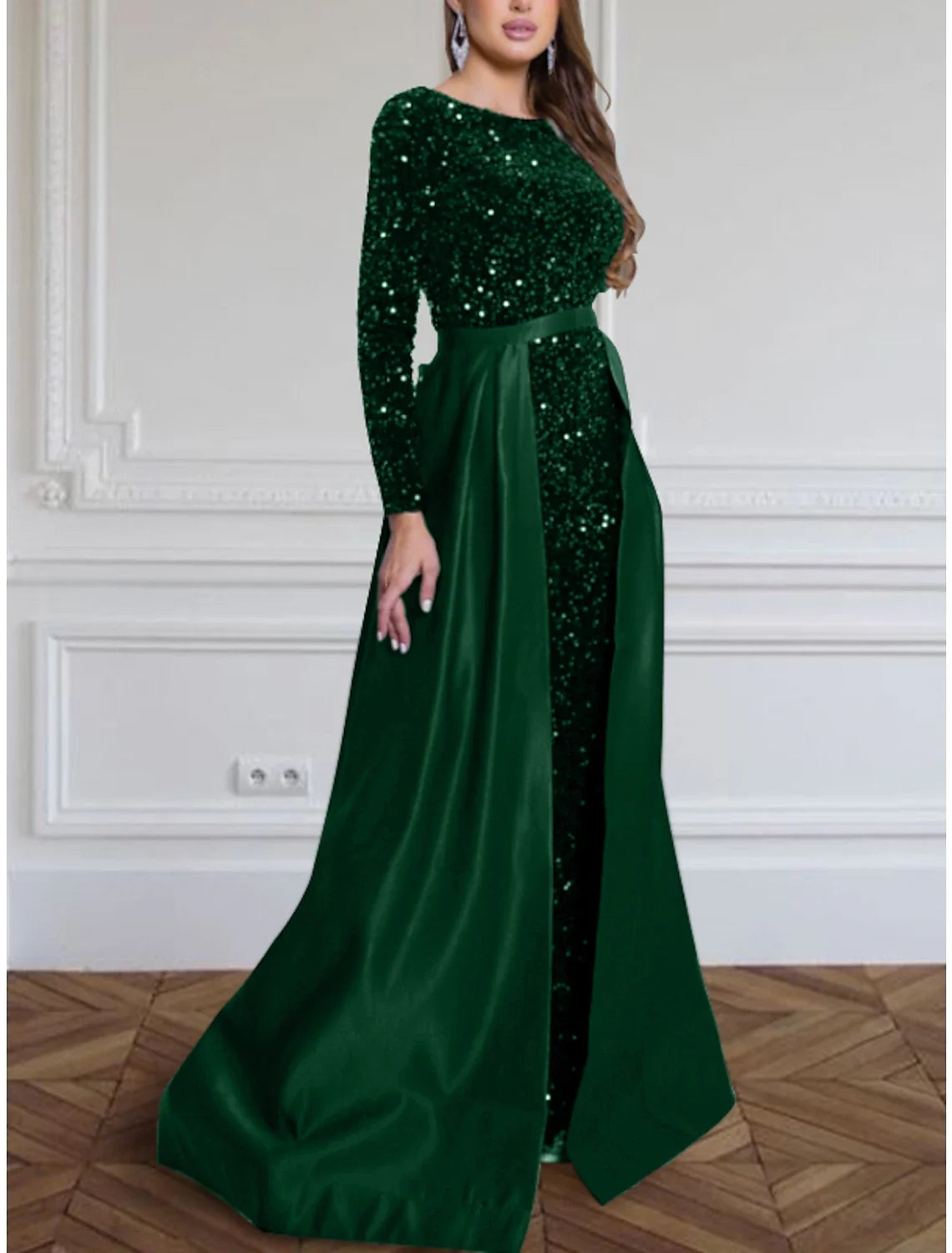 A-Line Evening Gown Sparkle & Shine Black Dress Plus Size Formal Fall Sweep / Brush Train Long Sleeve Jewel Neck Sequined with Glitter Pleats 2026