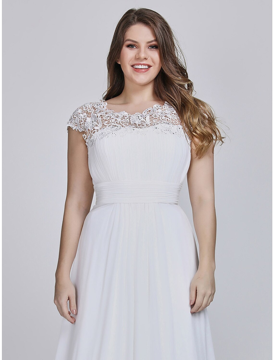 A-Line Mother of the Bride Dress Wedding Guest Plus Size Jewel Neck Floor Length Chiffon Short Sleeve with Lace Ruching Fall