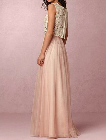 A-Line Jewel Neck Sleeveless Two Piece Floor Length Chiffon with Pleats Long Lace Bridesmaid Dress