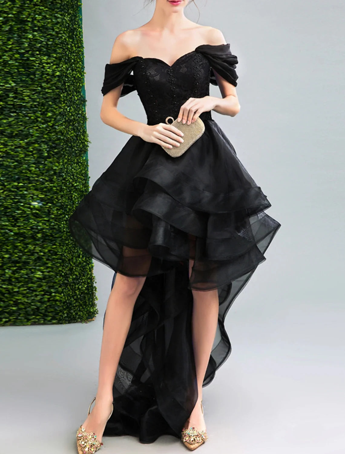 A-Line Prom Dresses Gothic Black Dress Party Wear Wedding Party Asymmetrical Sleeveless Off Shoulder Organza Backless with Ruffles Appliques 2026