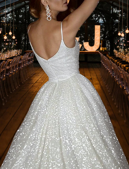 Hall Sparkle & Shine Casual Wedding Dresses A-Line Camisole V Neck Spaghetti Strap Sweep / Brush Train Sequined Bridal Gowns With Solid Color Summer Fall Wedding Party 2026, Women's Clothing