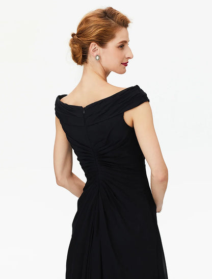 Sheath / Column Mother of the Bride Dress Furcal Off Shoulder Floor Length Chiffon Short Sleeve No with Pleats Split Front