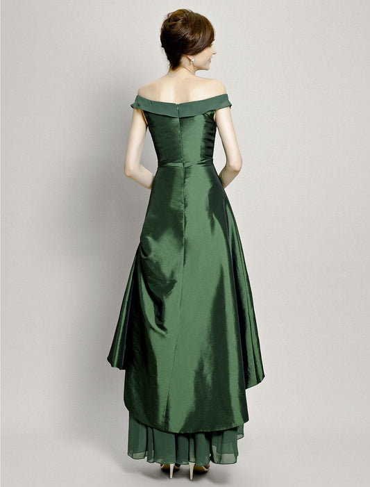 A-Line Mother of the Bride Dress Elegant High Low Off Shoulder Asymmetrical Chiffon Taffeta Short Sleeve with Pick Up Skirt Bow(s) Beading