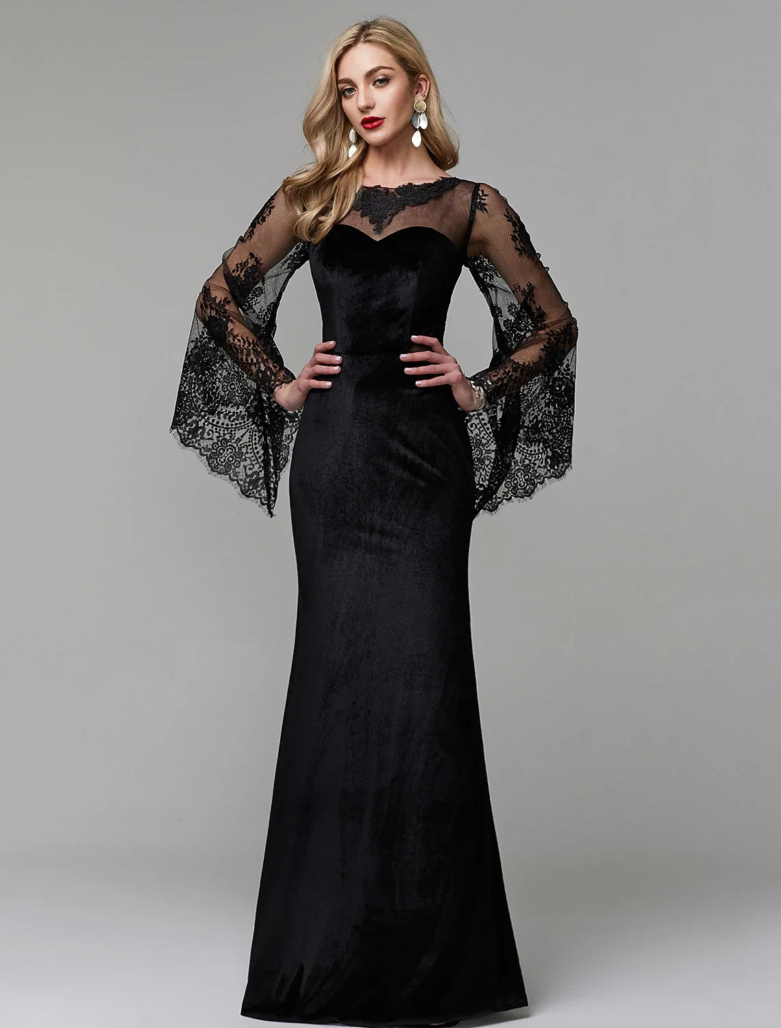 Sheath / Column Elegant Dress Wedding Guest Engagement Floor Length Long Sleeve Illusion Neck Lace with Lace Insert