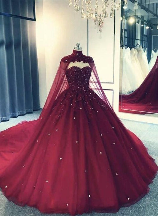 Glam Ball Gowns Quinceanera Dress Lace Applique Beaded Cape, Wine Red Prom Dresses Prom Gown