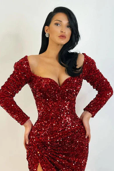 Vintage Glittering Beaded Prom Dress Sweetheart Long-sleeved Evening Gown Sheath High Slit Party Dress Long Formal Dress TP4862