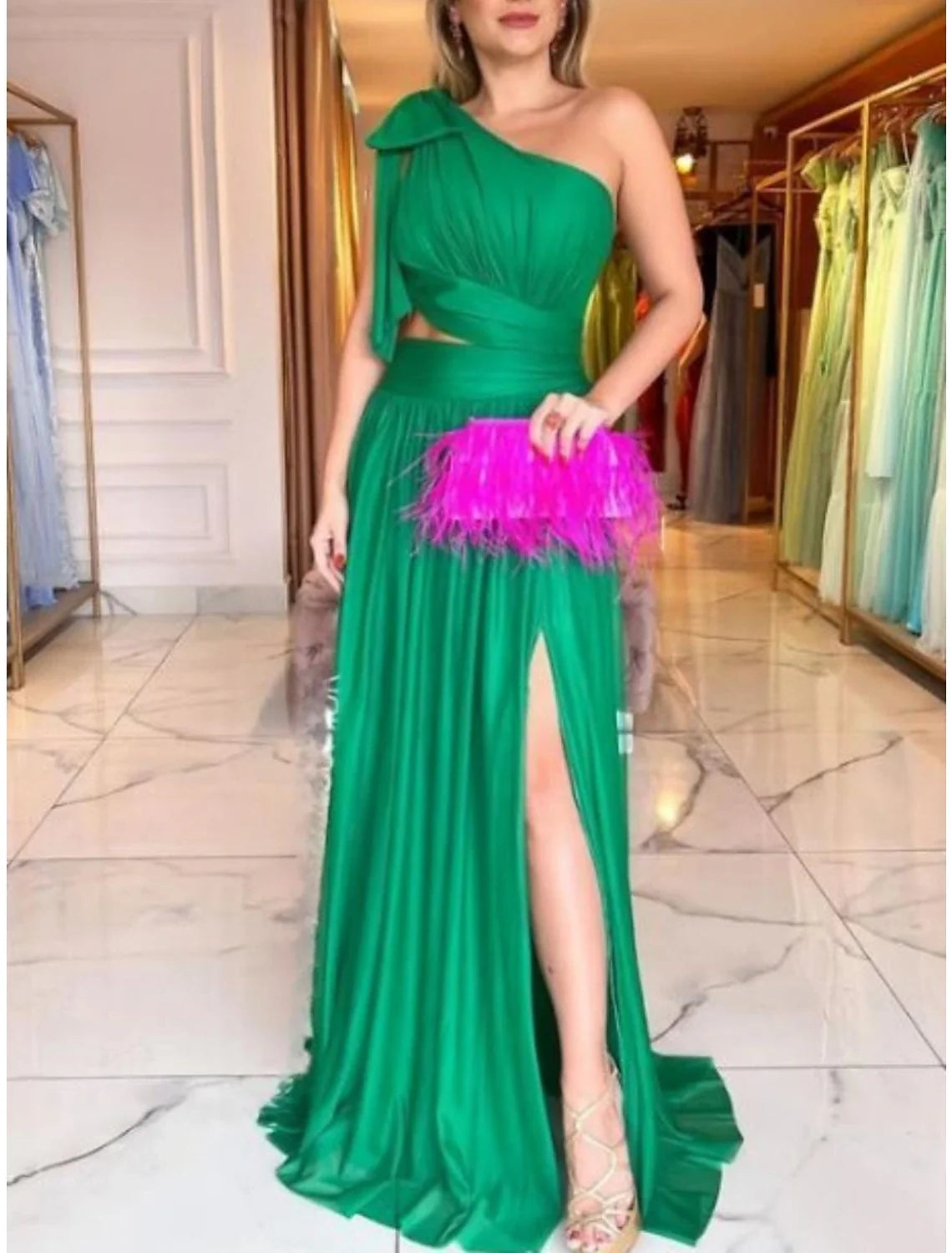 Sheath Christmas Red Green Dresses Elegant Dress Birthday Floor Length Sleeveless One Shoulder Chiffon with Glitter Bow(s) Pleats