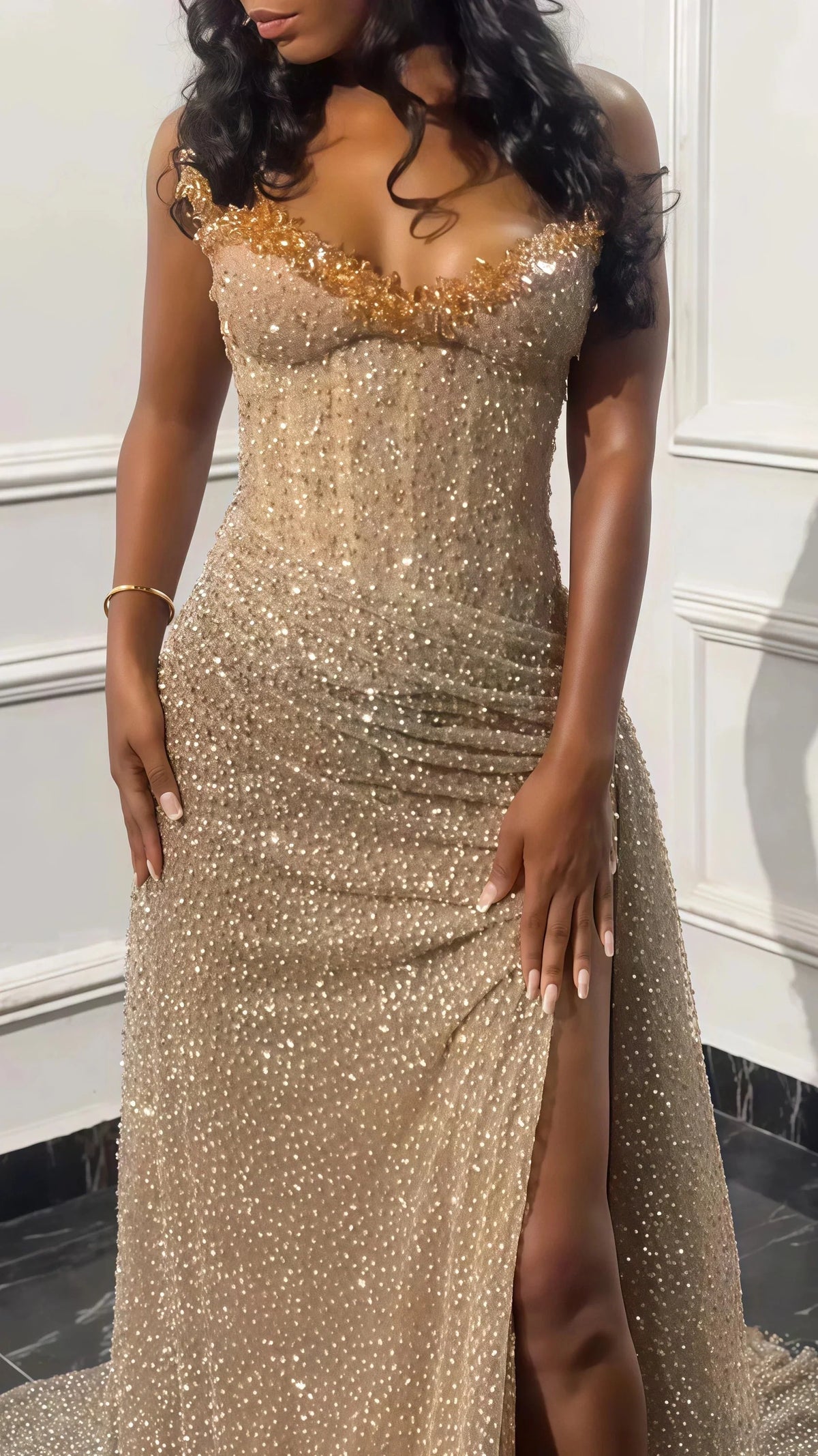 Glitter Bodycon Champagne Prom Dresses, Sexy Beaded Split Prom Gowns