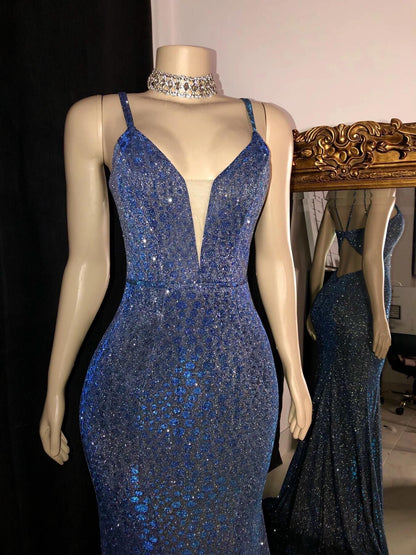 Glitter Mermaid Prom Dresses Long Spaghetti Straps V Neck Open Back Prom Gown
