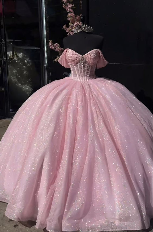 Glitter Pearls Pink Quinceanera Dress Ball Gown Sweet 15 16 Birthday Dresses