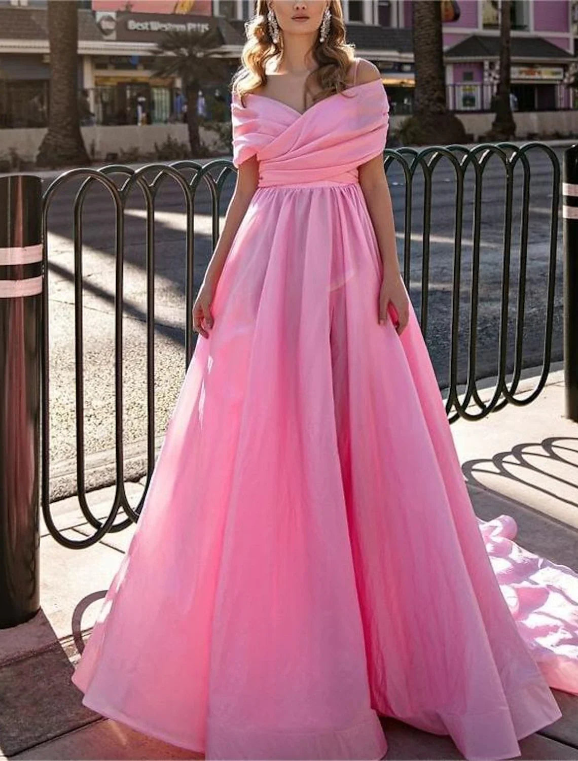 Ball Gown Prom Dresses High Split Dress Wedding Prom Court Train Short Sleeve Off Shoulder Chiffon with Slit