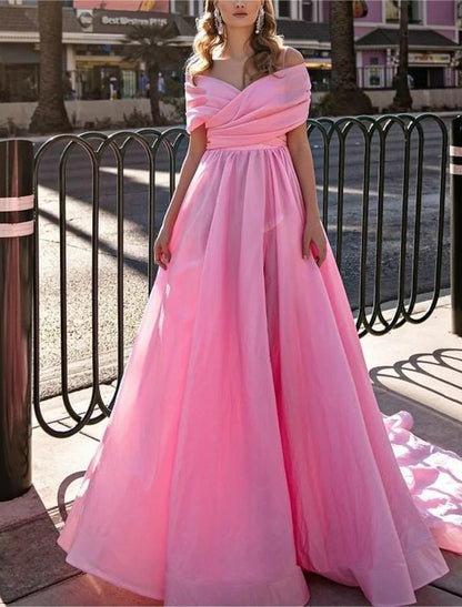 Ball Gown Prom Dresses High Split Dress Wedding Prom Court Train Short Sleeve Off Shoulder Chiffon with Slit
