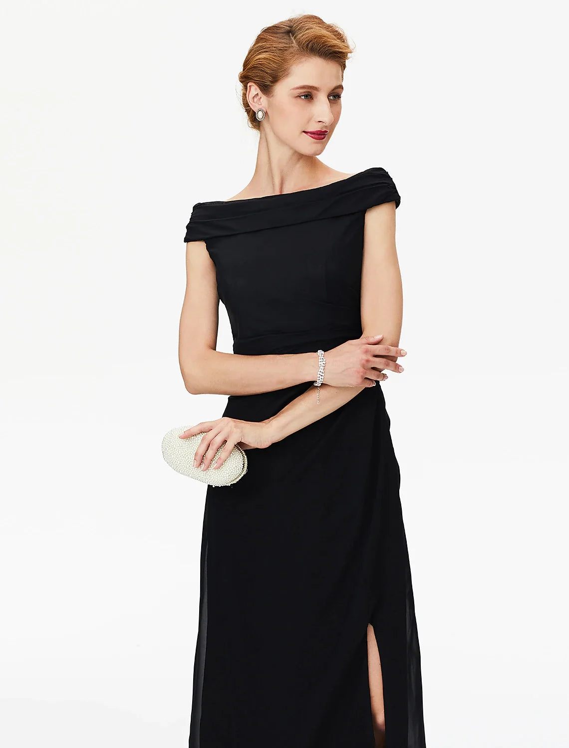 Sheath / Column Mother of the Bride Dress Furcal Off Shoulder Floor Length Chiffon Short Sleeve No with Pleats Split Front