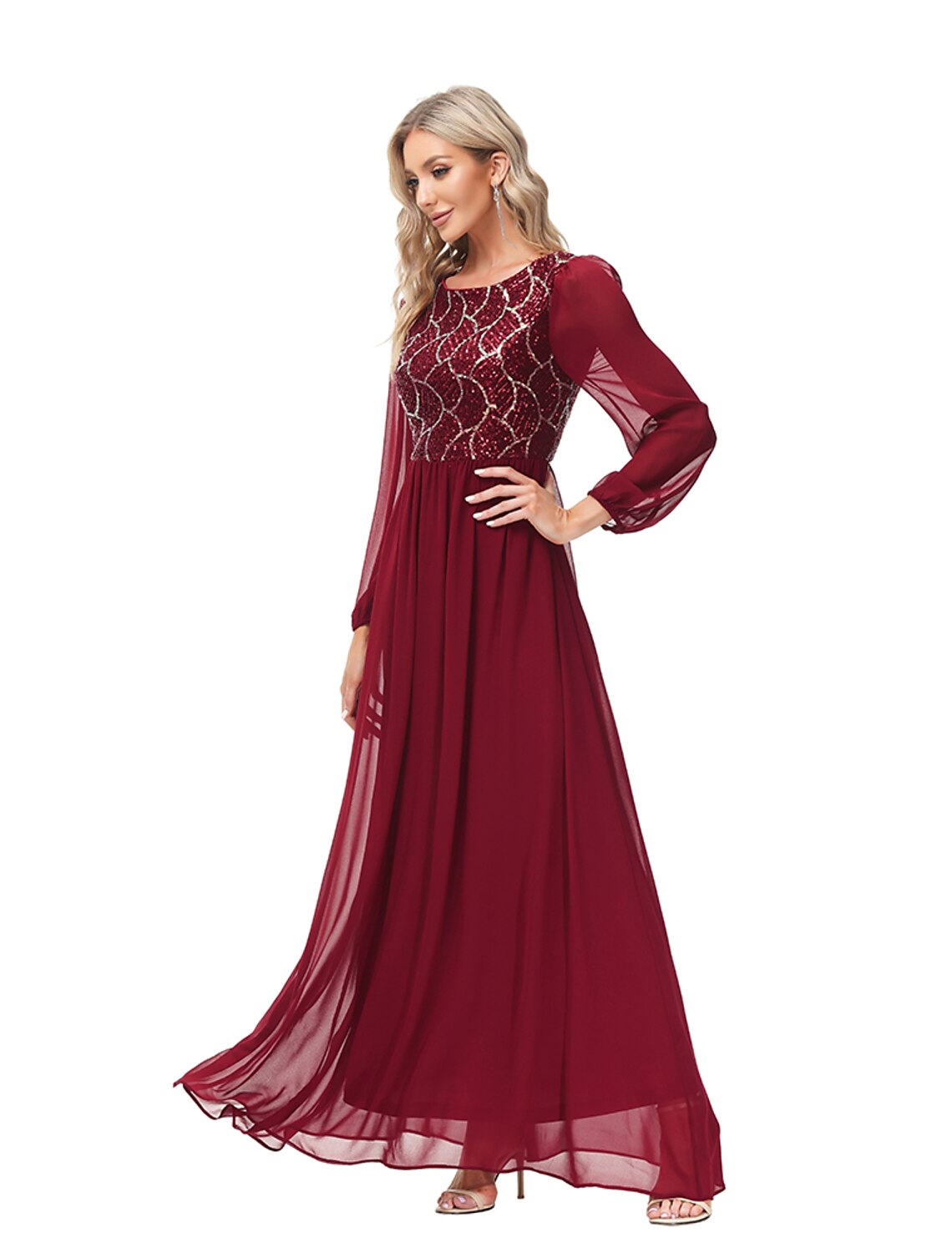 A-Line Evening Gown Empire Dress Party Wear Wedding Guest Floor Length Long Sleeve Jewel Neck Chiffon V Back with Sequin Splicing