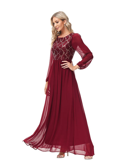 A-Line Evening Gown Empire Dress Party Wear Wedding Guest Floor Length Long Sleeve Jewel Neck Chiffon V Back with Sequin Splicing