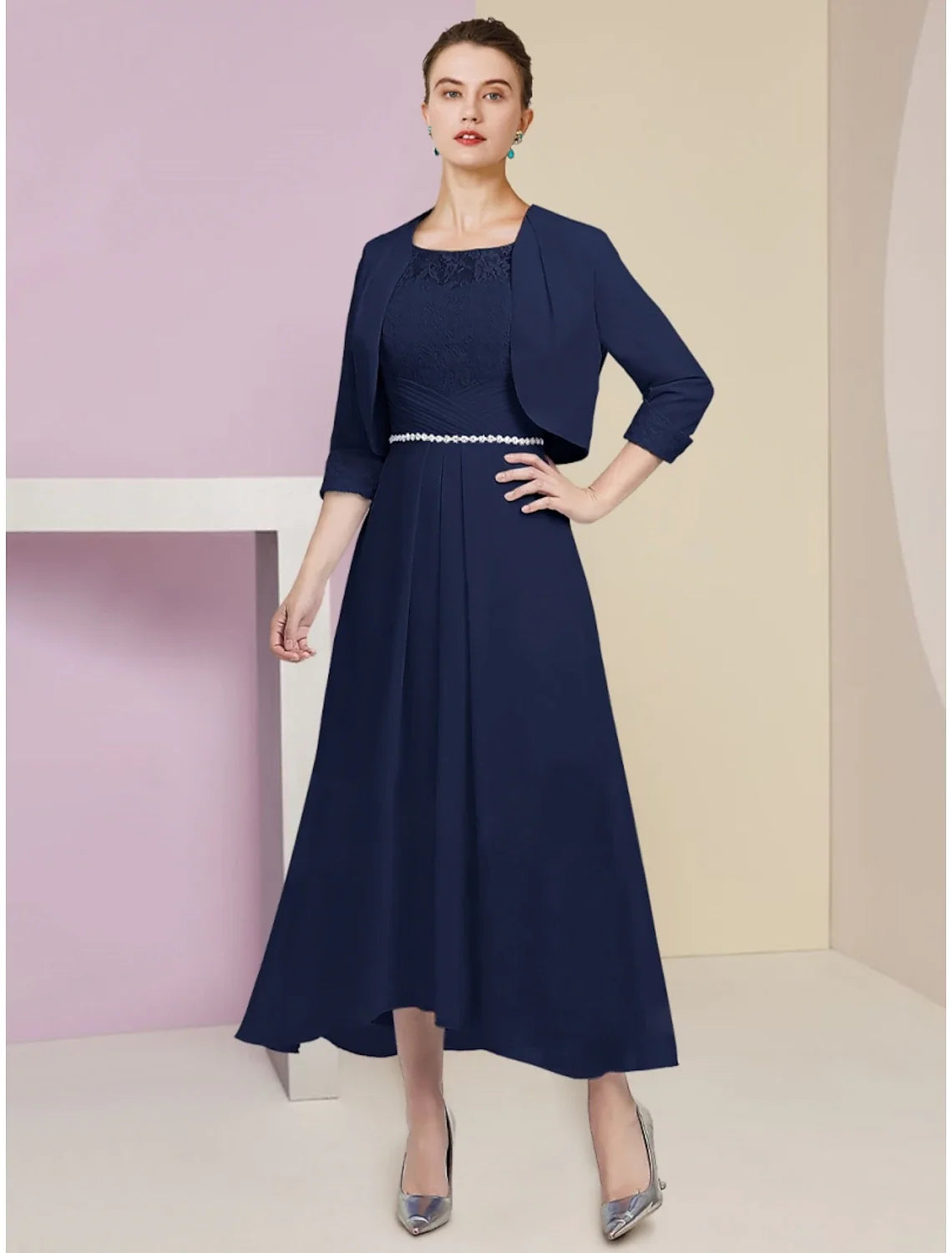 A-Line Mother of the Bride Dress Wedding Guest Elegant Scoop Neck Ankle Length Chiffon Half Sleeve with Crystals Ruching