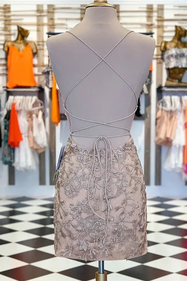Vintage Silver Lace Embroidery Design Short Spaghetti Strap Homecoming Dress TP3565