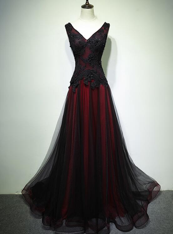 Gorgeous Black And Red V-Neckline Tulle Beaded Prom Dresses, Long Prom Gowns