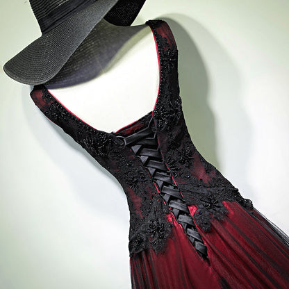 Gorgeous Black And Red V-Neckline Tulle Beaded Prom Dresses, Long Prom Gowns