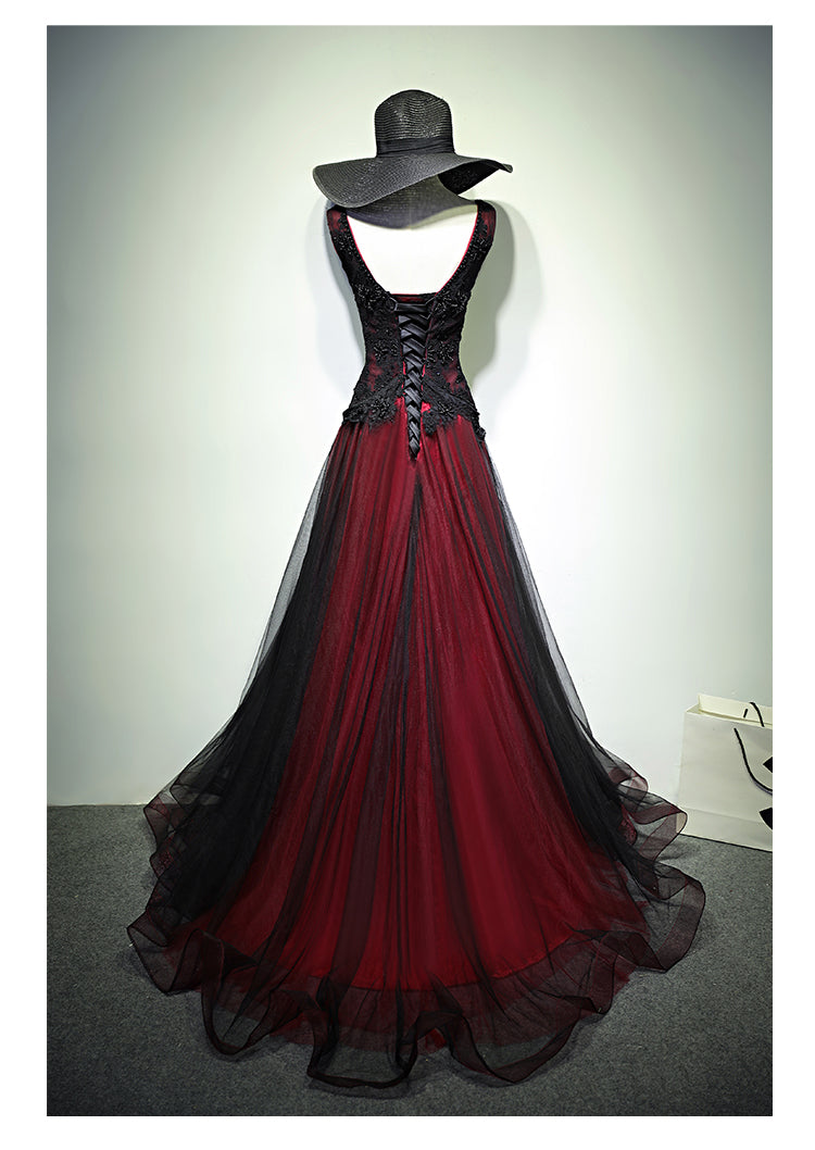 Gorgeous Black And Red V-Neckline Tulle Beaded Prom Dresses, Long Prom Gowns