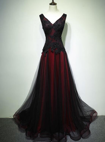 Gorgeous Black And Red V-Neckline Tulle Beaded Prom Dresses, Long Prom Gowns