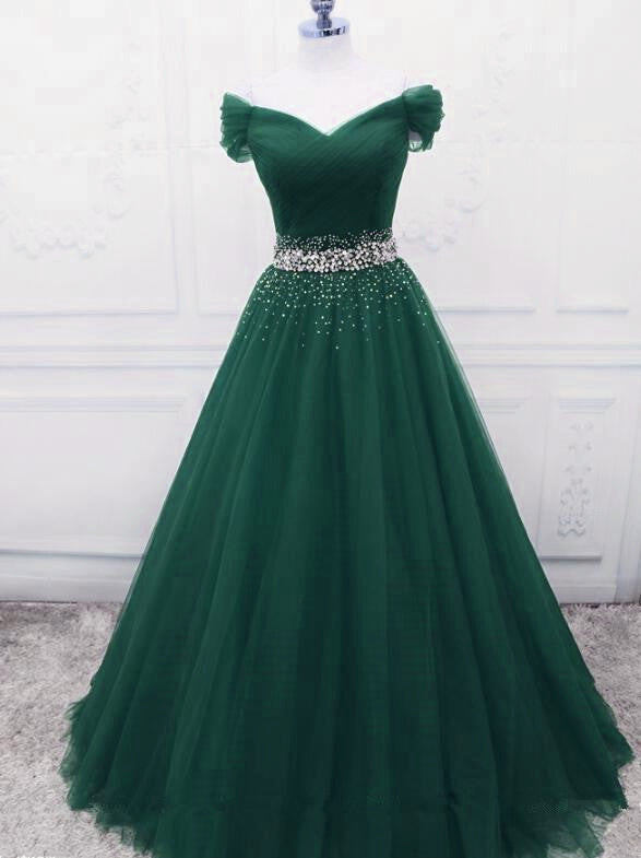 Gorgeous Dark Green Tulle Off Shoulder Long Prom Dresses, Prom Gowns