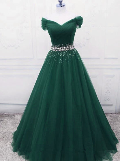 Gorgeous Dark Green Tulle Off Shoulder Long Prom Dresses, Prom Gowns