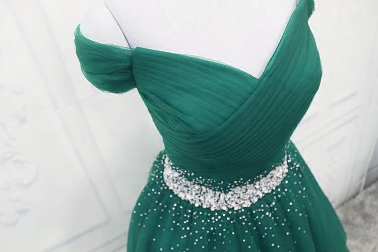 Gorgeous Dark Green Tulle Off Shoulder Long Prom Dresses, Prom Gowns