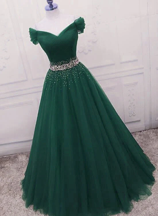 Gorgeous Dark Green Tulle Off Shoulder Long Prom Dresses, Prom Gowns