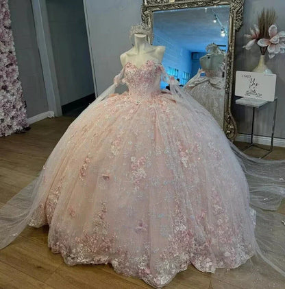 Gorgeous Pink Applique Ball Gown Tulle Lace Off-The-Shoulder Long Quinceanera Dress Tulle Sweet Birthday Dresses