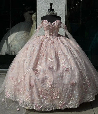 Gorgeous Pink Applique Ball Gown Tulle Lace Off-The-Shoulder Long Quinceanera Dress Tulle Sweet Birthday Dresses